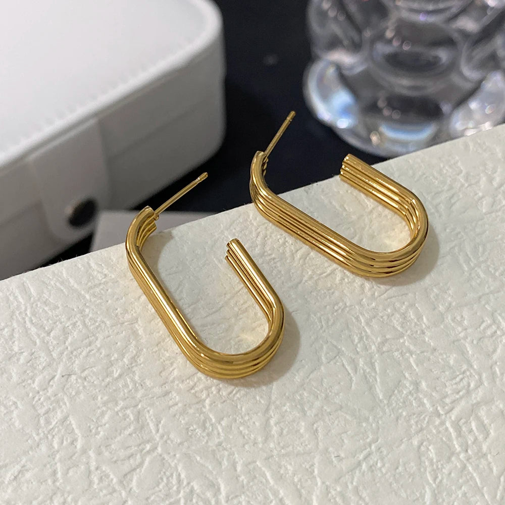Trendy Gold Color Copper Alloy Hoop Earrings Women's Triple Layered Chunky Hoops Geometry Earrings Huggies Minimalist Jewelry
