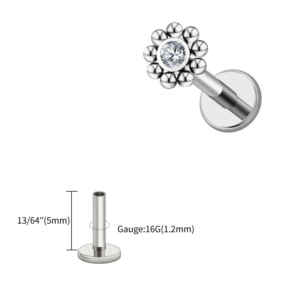Right Grand ASTM F136 Titanium 16G Mini Beaded Sun Labret Stud CZ Flower Tragus Cartilage Helix Conch Nose Piercing Body Jewelry