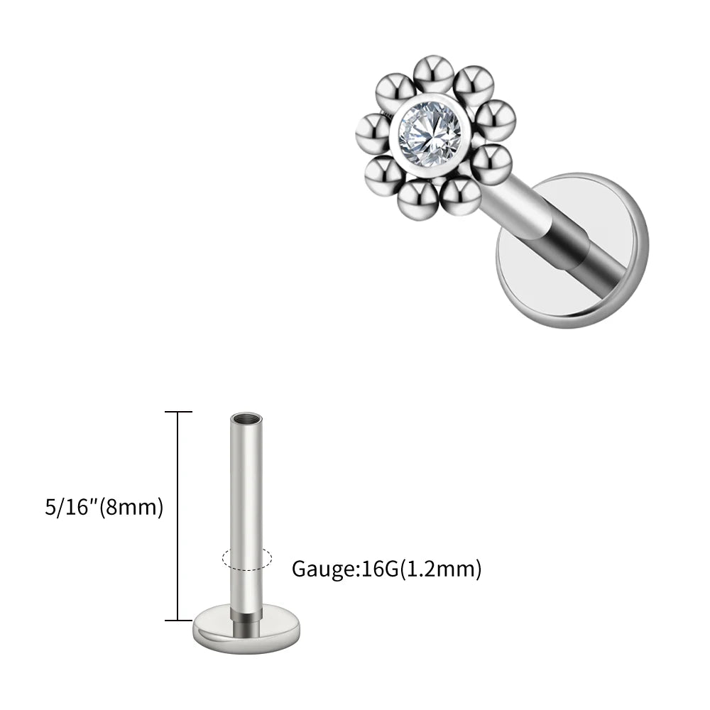 Right Grand ASTM F136 Titanium 16G Mini Beaded Sun Labret Stud CZ Flower Tragus Cartilage Helix Conch Nose Piercing Body Jewelry