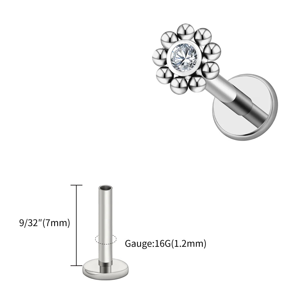 Right Grand ASTM F136 Titanium 16G Mini Beaded Sun Labret Stud CZ Flower Tragus Cartilage Helix Conch Nose Piercing Body Jewelry