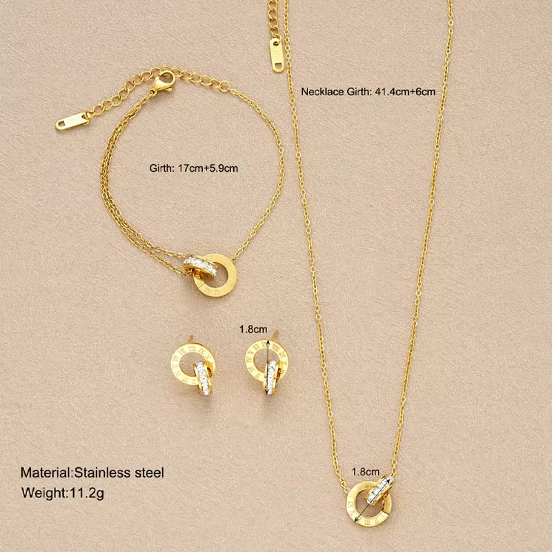 4Pcs/Set Stainless Steel Crystal Necklace Bracelet Earrings for Women Gold Color Interlocking Circles Roman Numbers Jewelry Sets