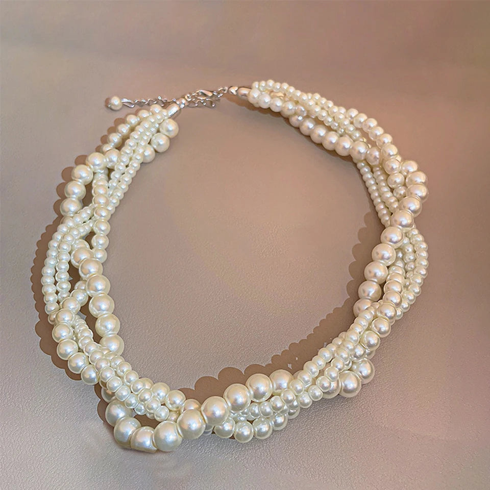 Yupsk Luxury Twining Pearl Choker Necklaces for Women Geometric Necklaces Weddings Bride Jewelry Accessories