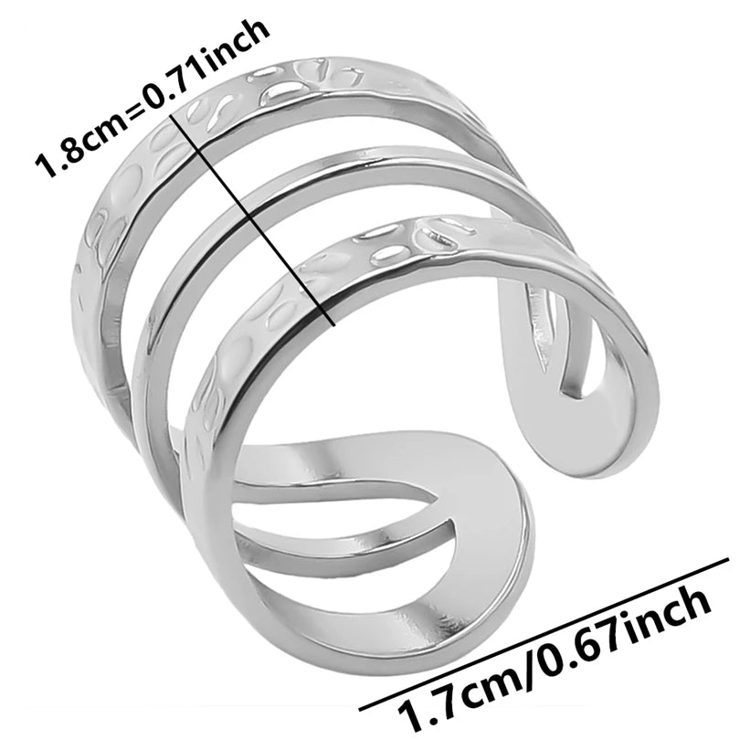 1Pc Stainless Steel Waterproof Women Personality Textured Chunky Open Rings Vintage Hollow Irregular Multi-layer Anillos Jewelry