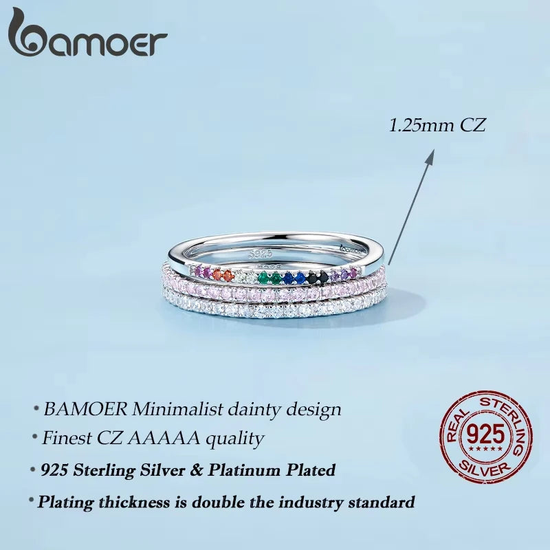BAMOER 925 Sterling Silver Full pave ring Rainbow CZ Simulated Diamond Stackable Ring Platinum Plated Eternity Bands for Women