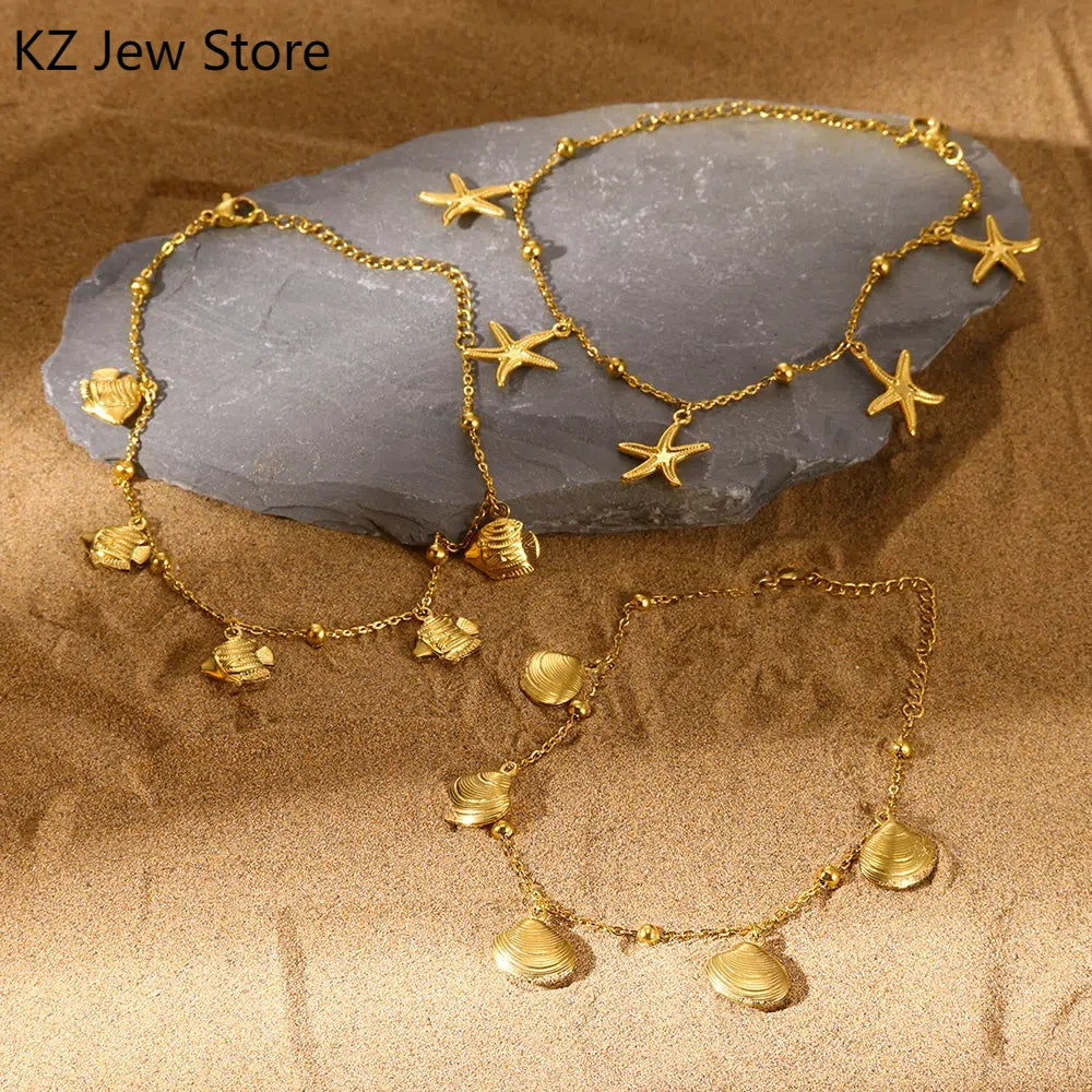Gold Color Starfish Shell Fish Charm Anklet Link New Bead Chain Stainless Steel Bracelet Women On Foot Summer Waterproof Jewelry