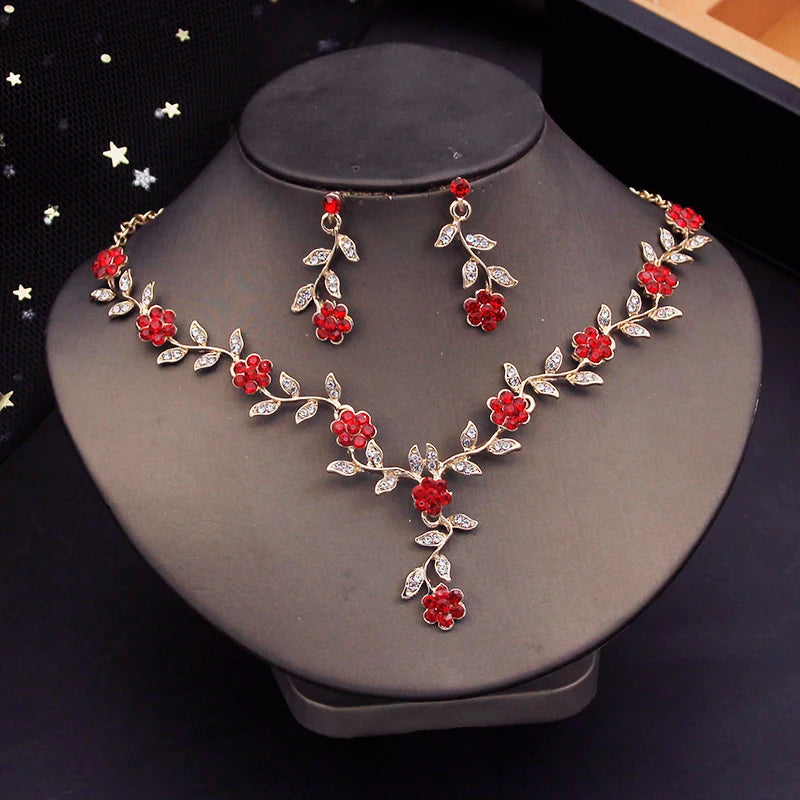 Rhinestone Bride Jewelry Sets for Women Luxury Flower Choker Necklace Earrings Wedding Dress Bridal Necklace Sets Fashion