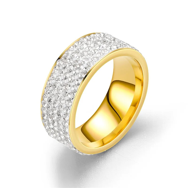 8mm Wide Five Rows Full Rhinestone Shiny Rings Stainless Steel Gold Silver Color Ring For Women Men Hiphop Fashion Party Jewelry