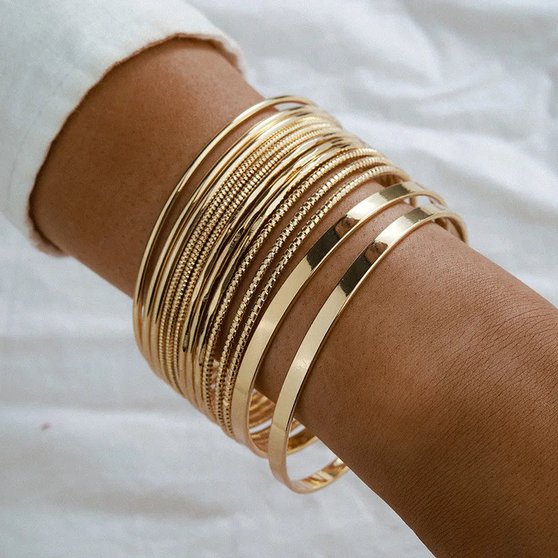 HNSP 5.5CM Inside Diameter Simple Bangle Set For Women Fashion Jewelry Accessories Gold-Color