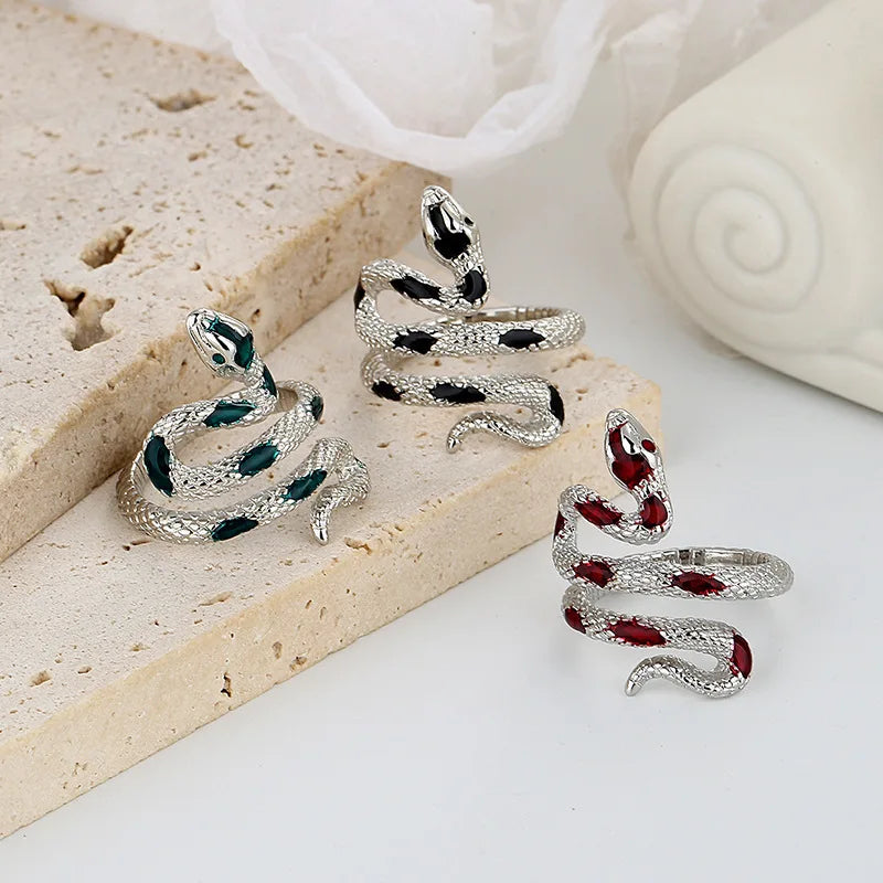 Red Green Black Drop Glaze Punk Snake Rings for Women Men Retro Silver Color Open Adjustable Finger Ring Fashion Gift Wholesale
