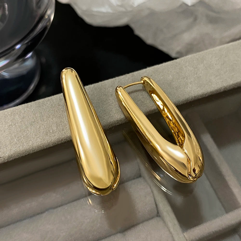 Greatera Trendy Gold Plated Large U Shaped Hoop Earrings for Women Minimalist Thin Teardrop Metal Huggie Earrings Party Jewelry
