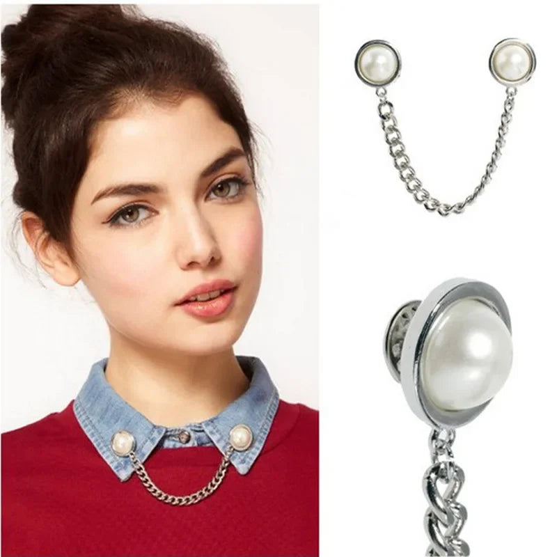 Retro Jewelry Pearl Flower Brooch Ladies Fashion Chain Tassel Personality Shirt Collar Pin Simple Clothing Women Men Accessories