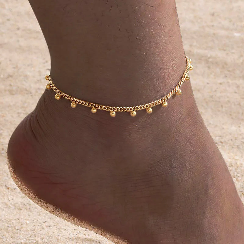 Anklet Bracelet on Legs Stainless Steel ,waterproof Adjustable Beach Beaded Ball Cuban Link Summer Boho Foot Jewelry for Women