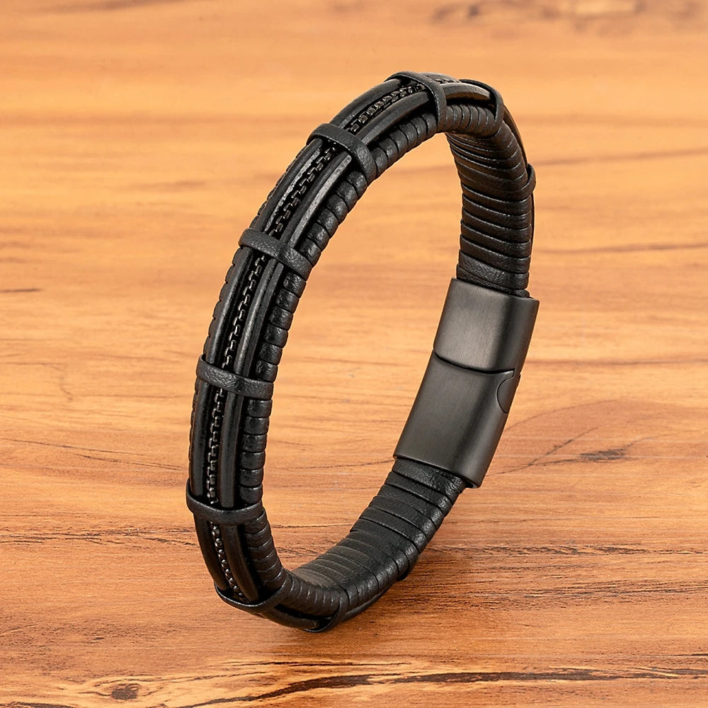 XQNI Stainless Steel Leather Bracelet For Mens Chain Charm Jewelry Magnetic Clasp Bangle for Dad Boyfriend Lover Birthday Gifts