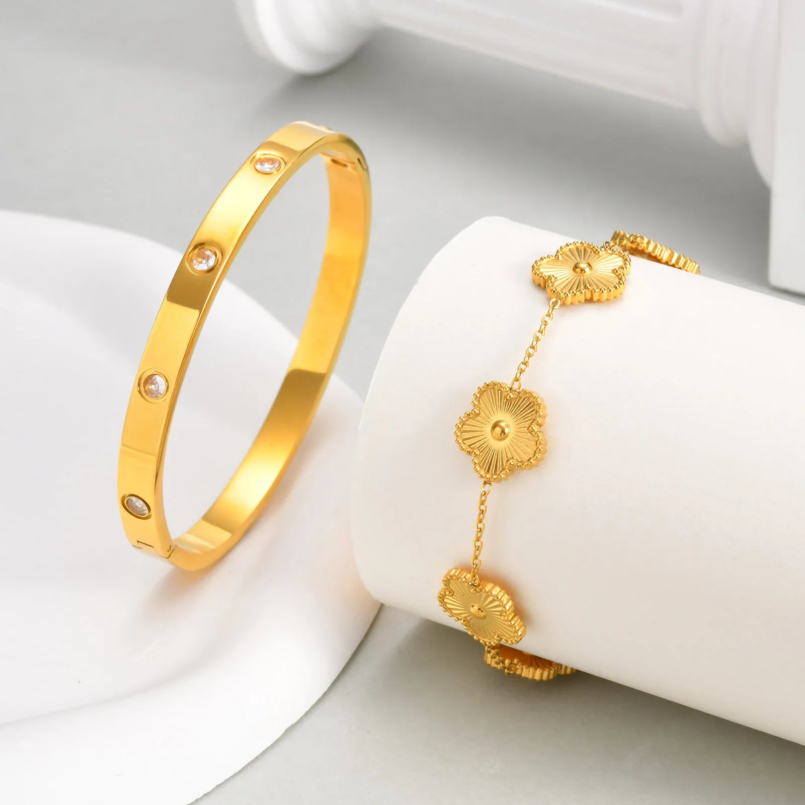 Vnox Exquisite 13mm Clover Bracelet Set for Women, Love Gift Bracelets for Wife Mothers Day Jewelry, Stainless Steel Cuff Bangle