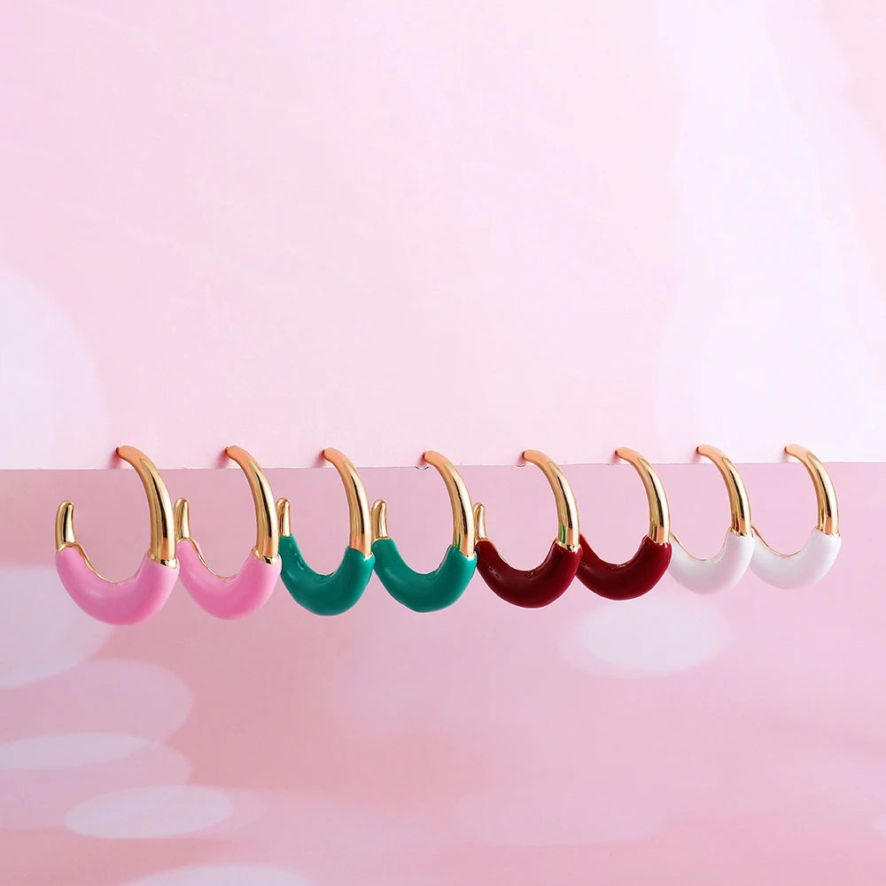 Trend Enamel Color C Shape Gold Color Hoop Earrings for Women Girls Colorful Candy Circle Piercing Ear Stud Creative Jewelry