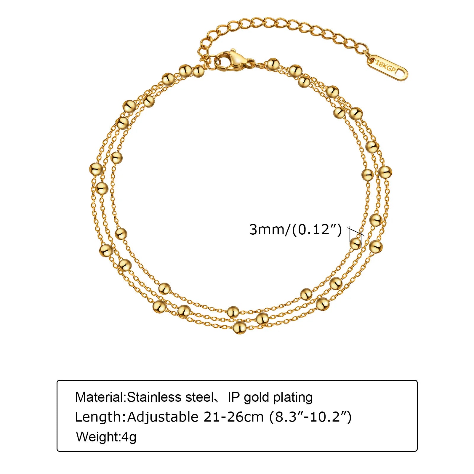 18k Gold Plated Stainless Steel Layered Chain With Beaded  Anklet Bracelet on Leg  for Women