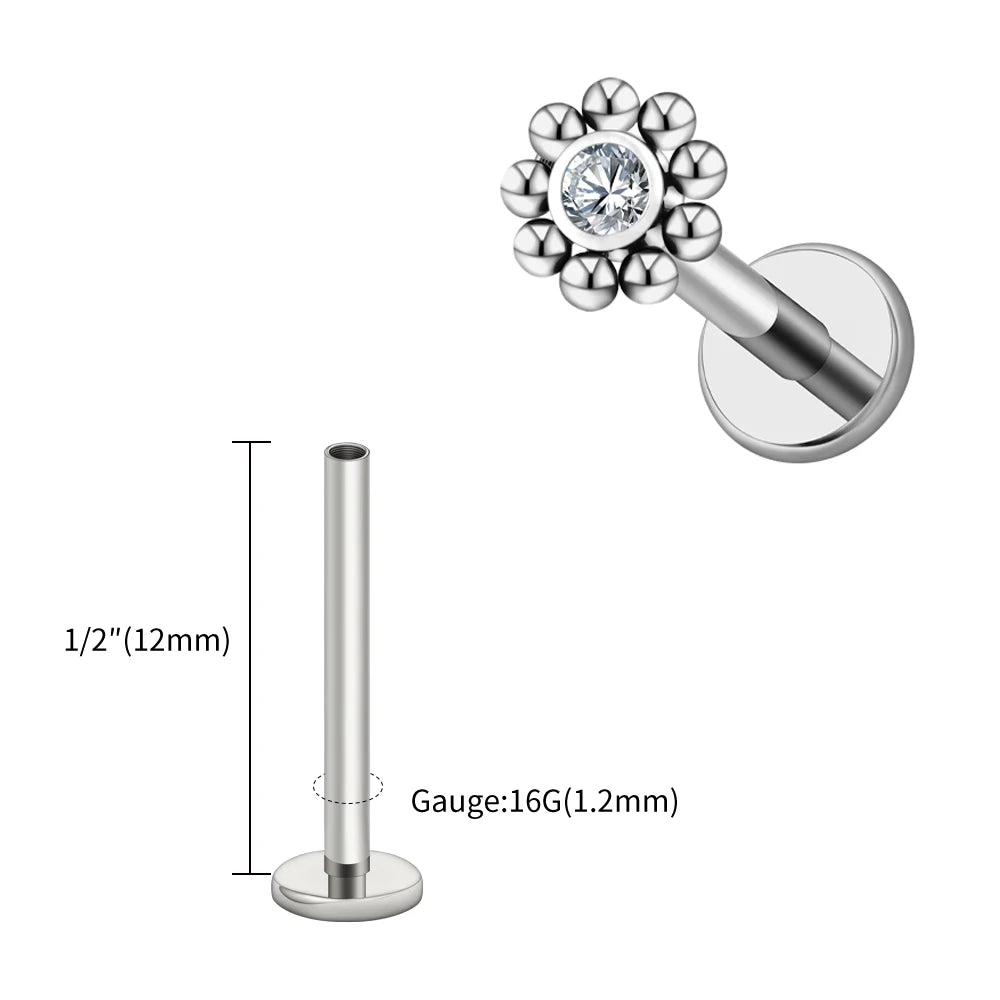 Right Grand ASTM F136 Titanium 16G Mini Beaded Sun Labret Stud CZ Flower Tragus Cartilage Helix Conch Nose Piercing Body Jewelry