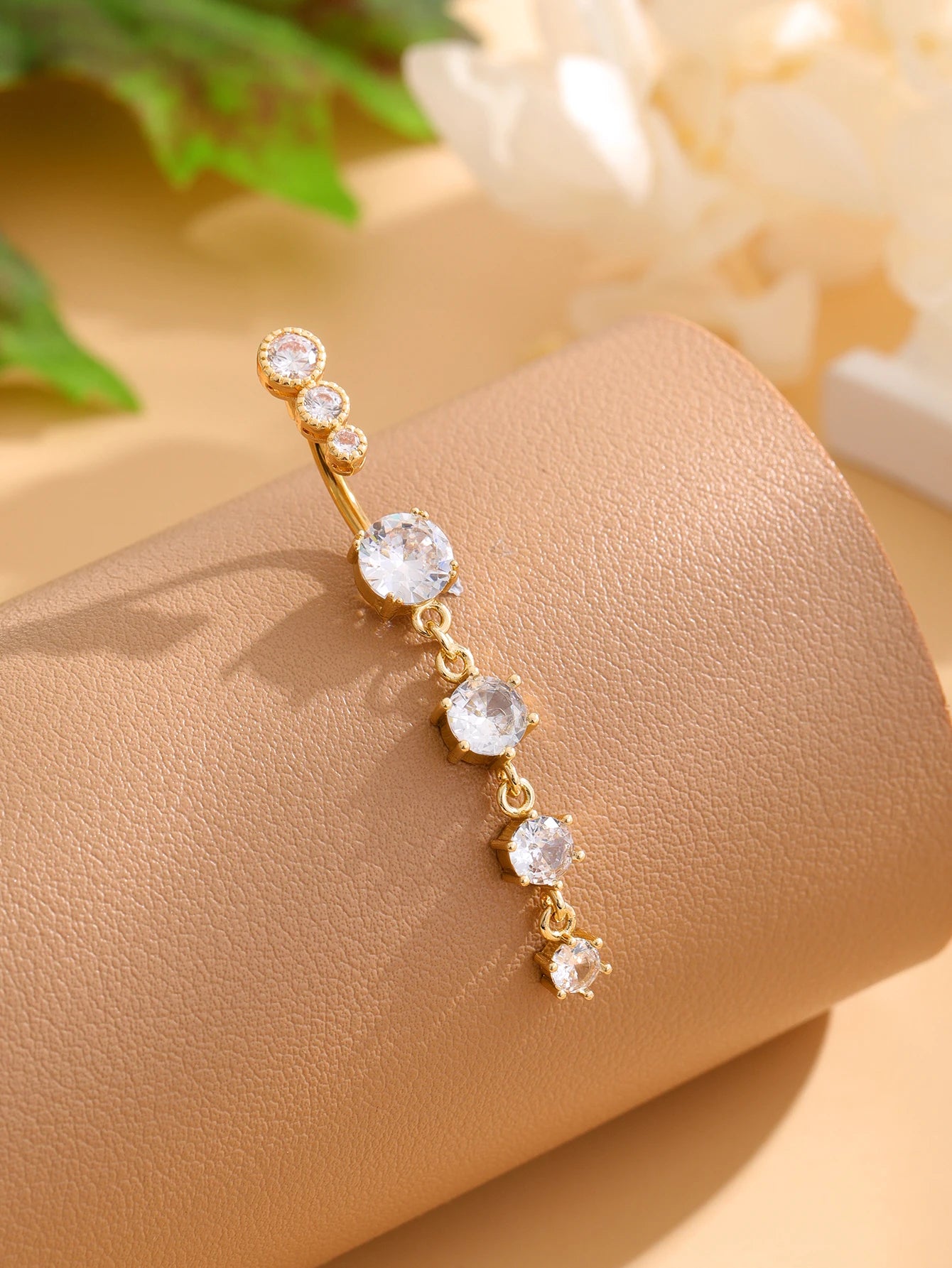 Gold Color Stainless Steel Belly Button Ring Long Dangled Flower CZ Crystal Navel Belly Piercing Rings for Women Sexy Jewelry