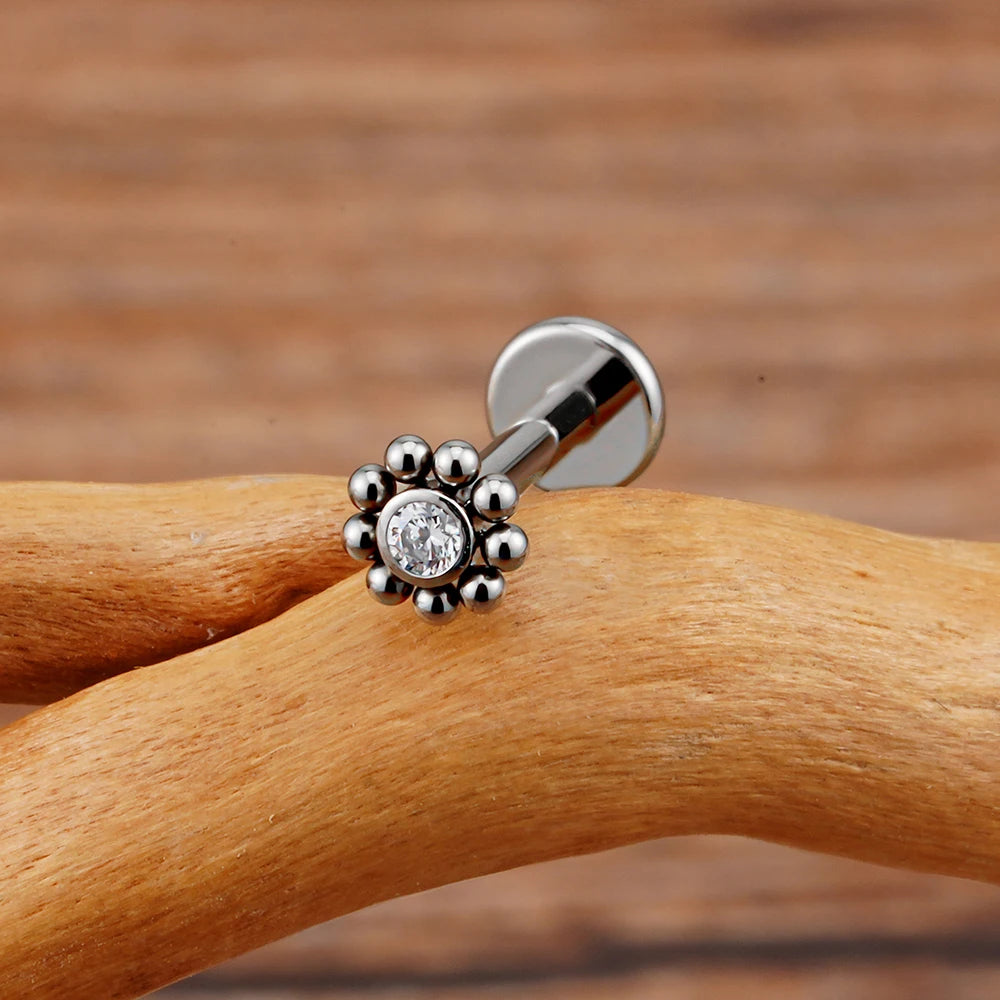 Right Grand ASTM F136 Titanium 16G Mini Beaded Sun Labret Stud CZ Flower Tragus Cartilage Helix Conch Nose Piercing Body Jewelry