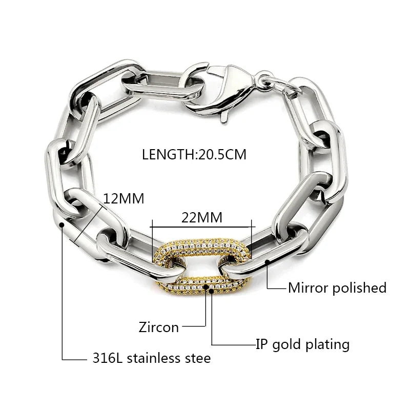 Fashion Women Big Chunky Bracelets Chains with Blink Rhinestones Link Gold Silver Color Surgical Stainless Steel Bracelets