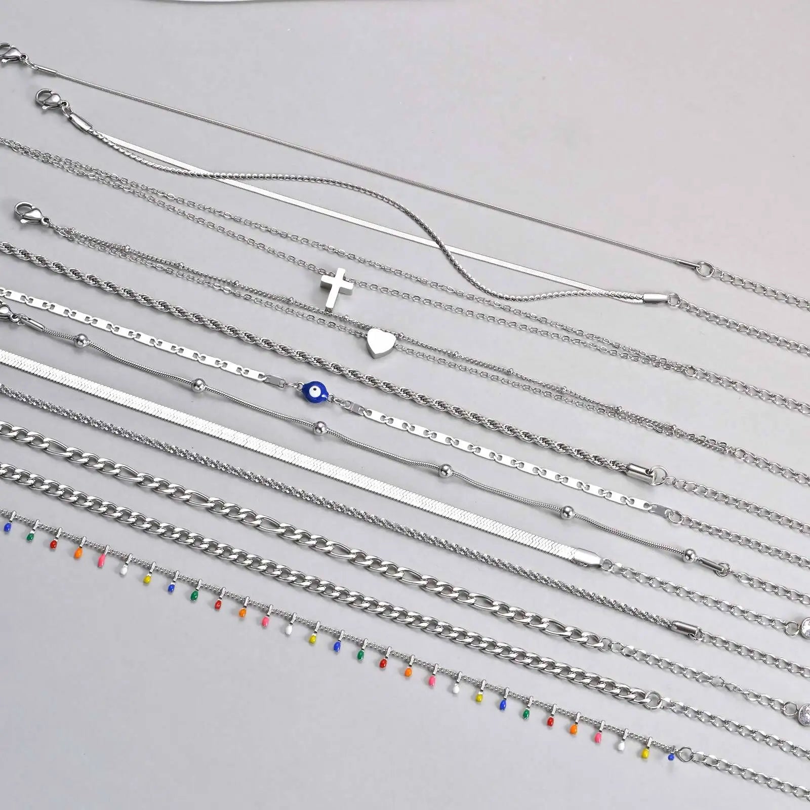 Silver Color Anklet Bracelets for Women Waterproof, Stainless Steel Layered Cuban Chain Herringbone Anklets Summer Beach Gift