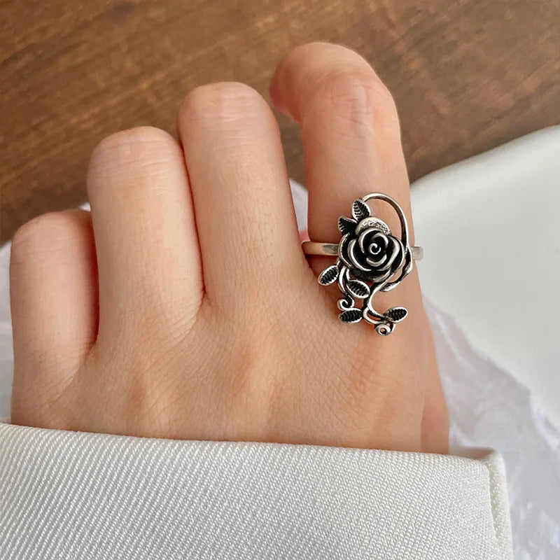 Buyee 925 Sterling Silver Big Flower Ring for Women Fashion Big Rose Open Adjustable Ethnic Jewelry Gift with Box