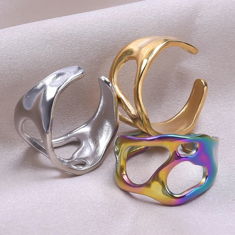 1Pc Stainless Steel Waterproof Women Personality Textured Chunky Open Rings Vintage Hollow Irregular Multi-layer Anillos Jewelry