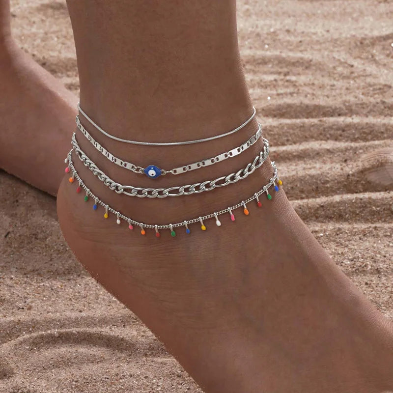 Silver Color Anklet Bracelets for Women Waterproof, Stainless Steel Layered Cuban Chain Herringbone Anklets Summer Beach Gift