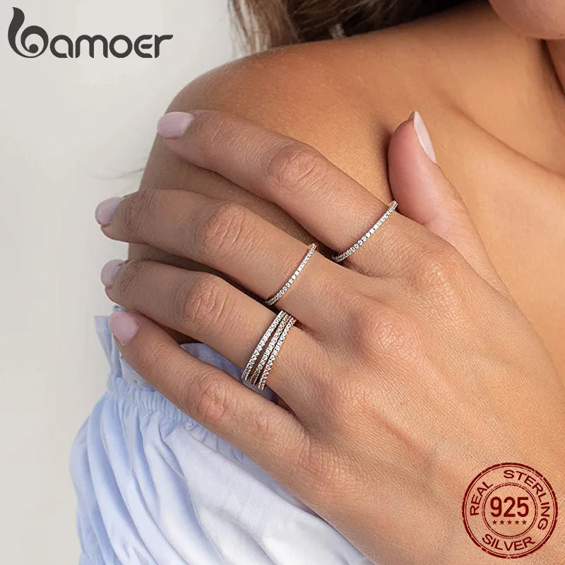 BAMOER 925 Sterling Silver Full pave ring Rainbow CZ Simulated Diamond Stackable Ring Platinum Plated Eternity Bands for Women