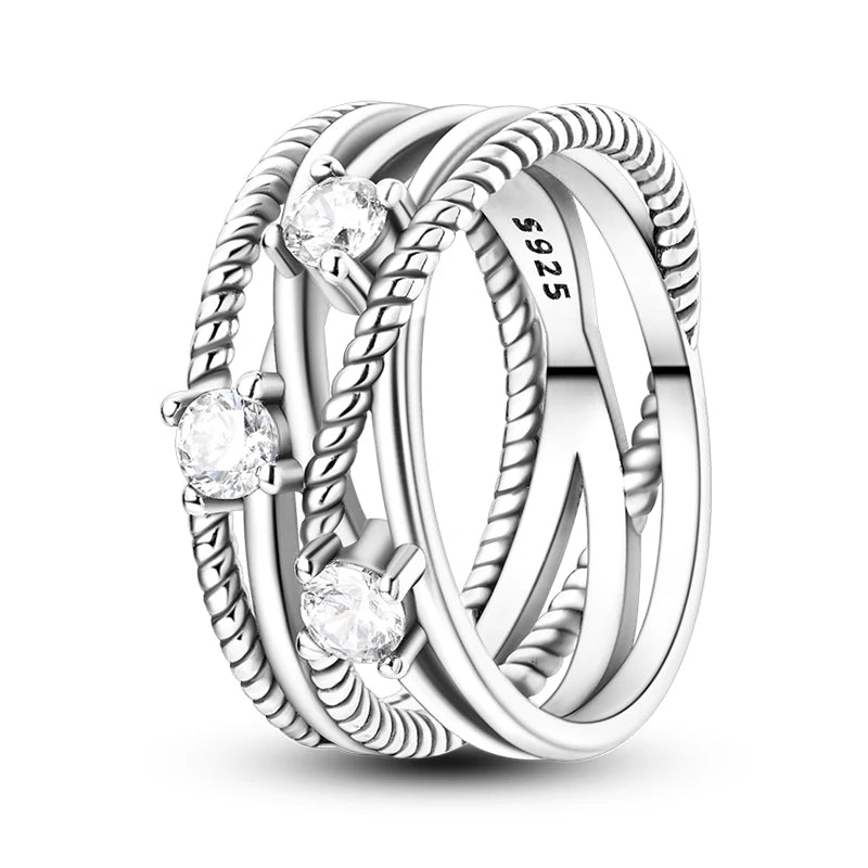Women's 925 Sterling Silver Geometric Overlapping Zircon Classic Design Rings Anniversary Birthday Engagement Fine Jewelry