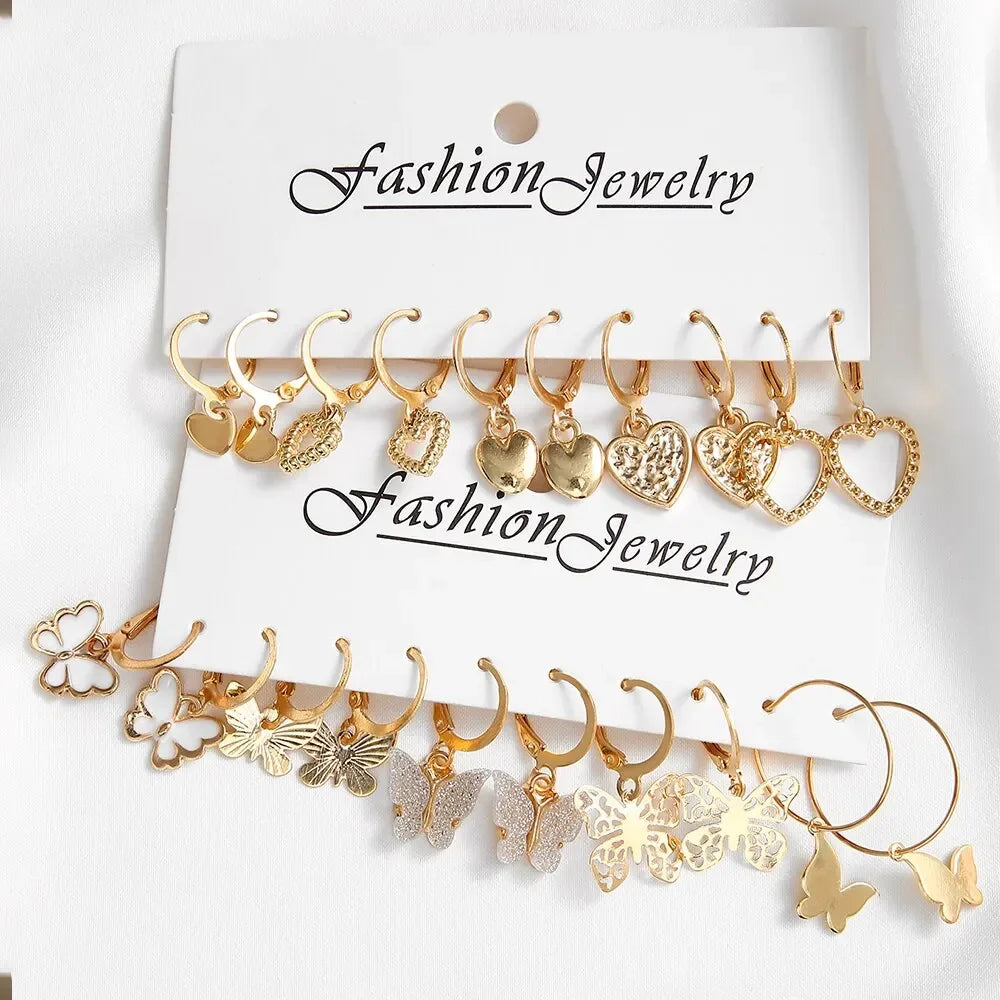 10pcs Gold Color Creative Simple Earrings Set for Women Fashion Temperament Hollowed-out Butterfly Love Earrings Jewelry Gifts