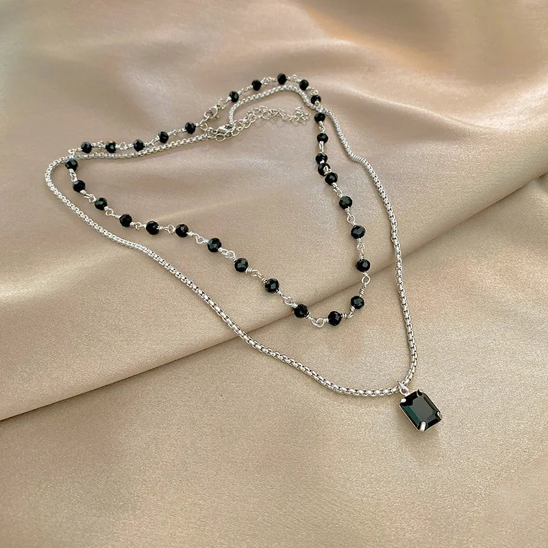 Black Square Pendant Double Layer Necklaces for Women Egirl Trendy Stainless Steel Silver Color Clavicle Chains Necklace Jewelry