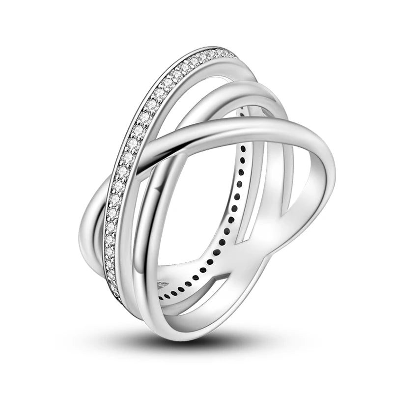 Women's 925 Sterling Silver Geometric Overlapping Zircon Classic Design Rings Anniversary Birthday Engagement Fine Jewelry