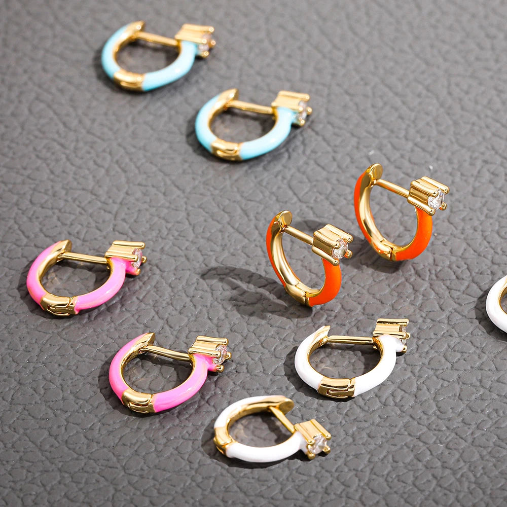 Fashion Colorful Enamel CZ Round Huggie Earrings for Women Trendy Candy Gold Plated Crystal Hoop Earrings Hinged Back Jewelry