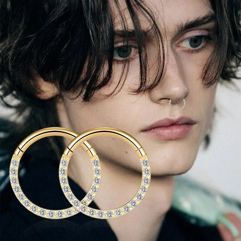 Stainless Stee Hinged Segment Hoop CZ Stone Nose Ring Nipple Ear Cartilage Tragus Helix Lip Earring Piercing Body Jewelry