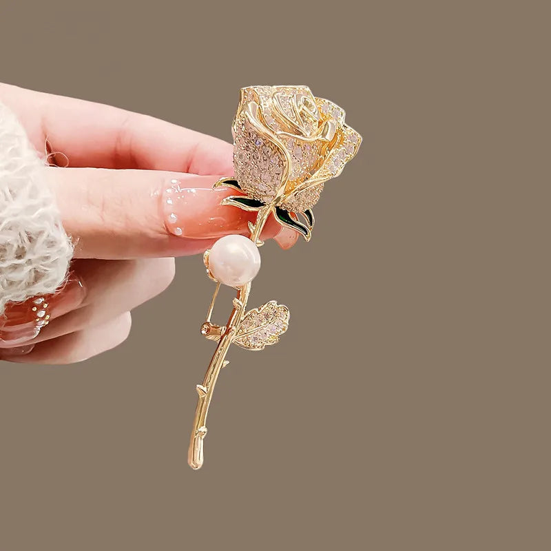 Elegant Pink Peony Brooches For Women Lady Flower Leaf CZ Zircon Pearl Pins Corsage Coat Suit Clothing Jewelry Gifts