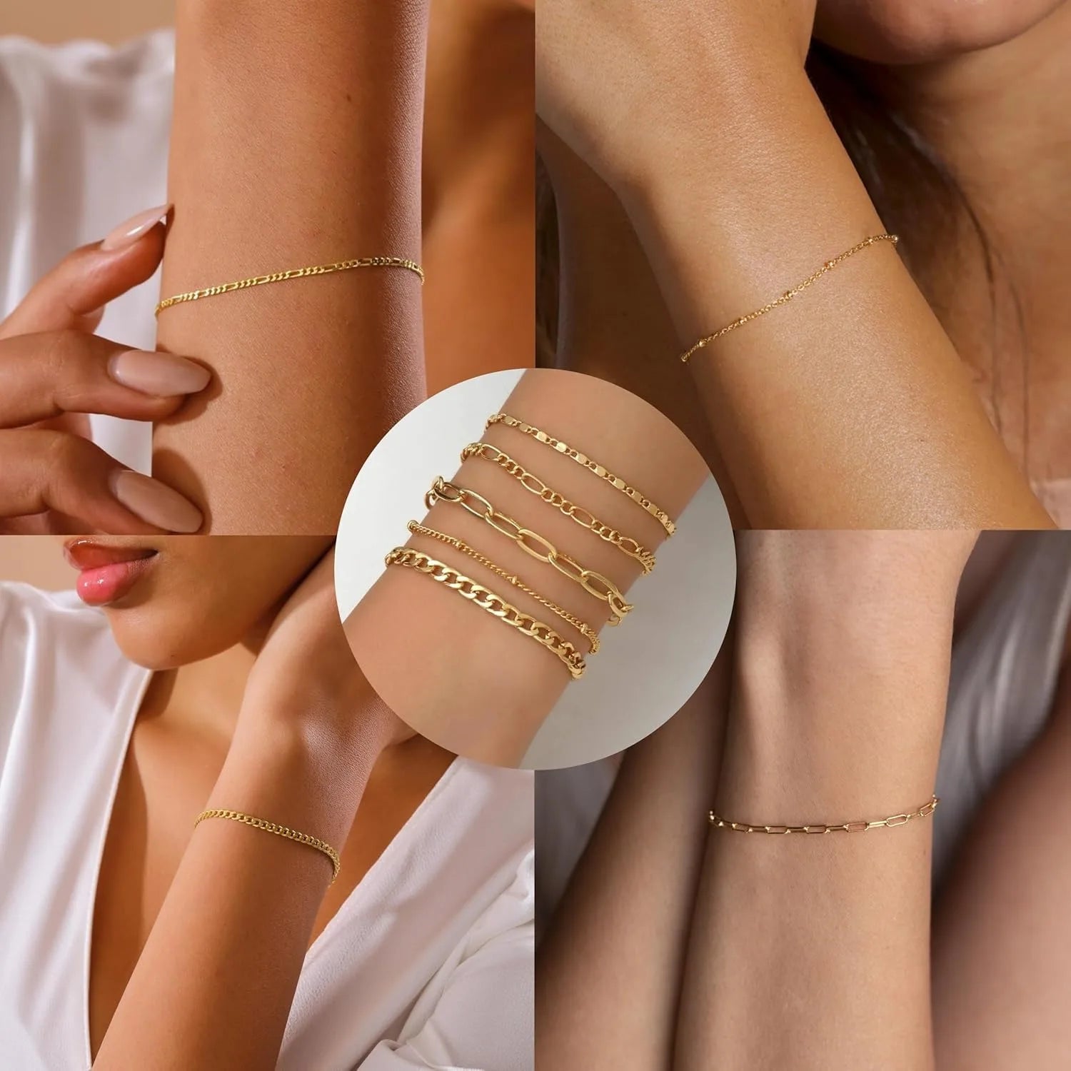 Gold Bracelets Set for Women,14K Gold Plated Dainty Gold Link Chain Bracelets Trendy Stackable Gold Cuff Bracelets Jewelry Gifts