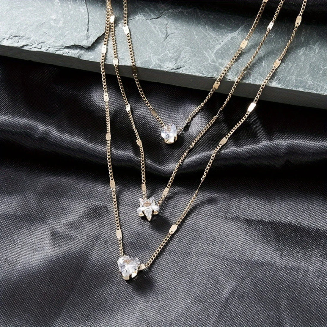 Multi-layer Five-pointed Star Heart Shape Water Drop Pendant Chain Necklace Alloy Material Glass Collarbone Chain Sexy Women's