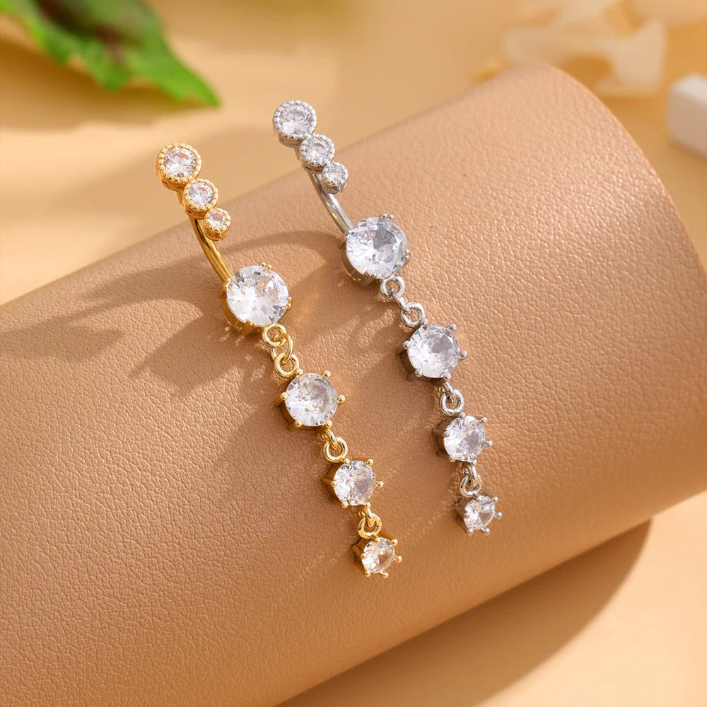 Gold Color Stainless Steel Belly Button Ring Long Dangled Flower CZ Crystal Navel Belly Piercing Rings for Women Sexy Jewelry