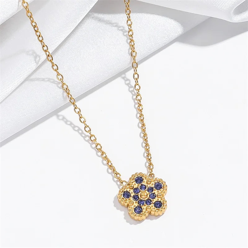 EILIECK New Fashion Stainless Steel White Zircon Clover Necklace Bracelet Earrings Set For Women Trendy Flower Jewelry Set Gift