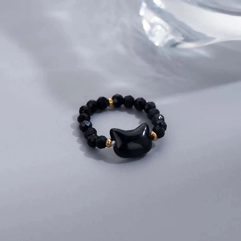 1pcs Natural Moonstone Obsidian Rings Beads Minimalist Fidget Ring Cute Black White Cat Ring Women Men Party Accessories Jewelry