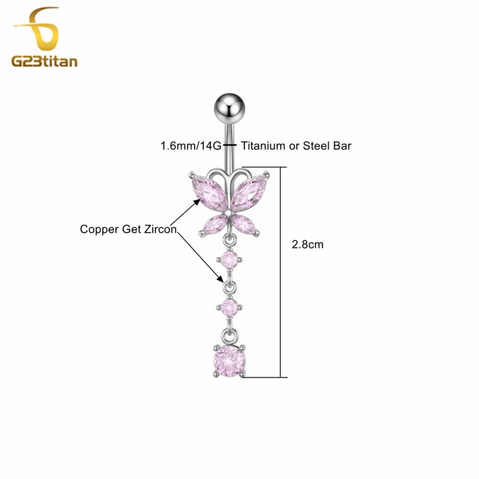 G23titan Crystal Zircon Butterfly Dangle Belly Button Ring Titanium or Steel Bar Navel Piercing Jewelry Women Body Accessories