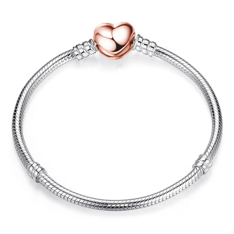 New 925 Sterling Silver 17-21cm Heart-Shaped Star, Moon Luxury Pendant Bracelet For DIY Bead Charms Women Jewelry Fashion Gifts