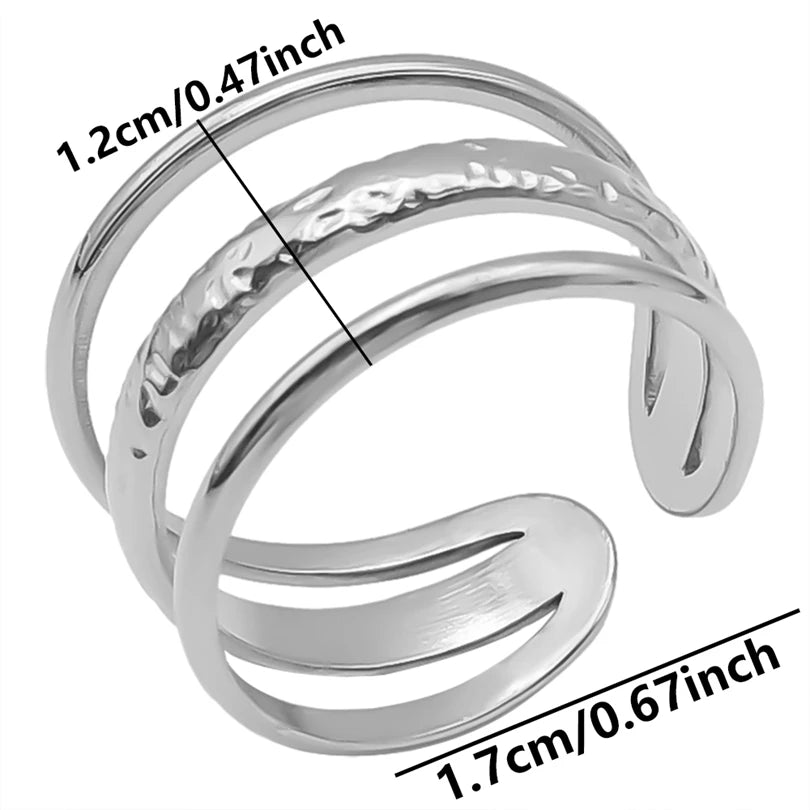 1Pc Stainless Steel Waterproof Women Personality Textured Chunky Open Rings Vintage Hollow Irregular Multi-layer Anillos Jewelry