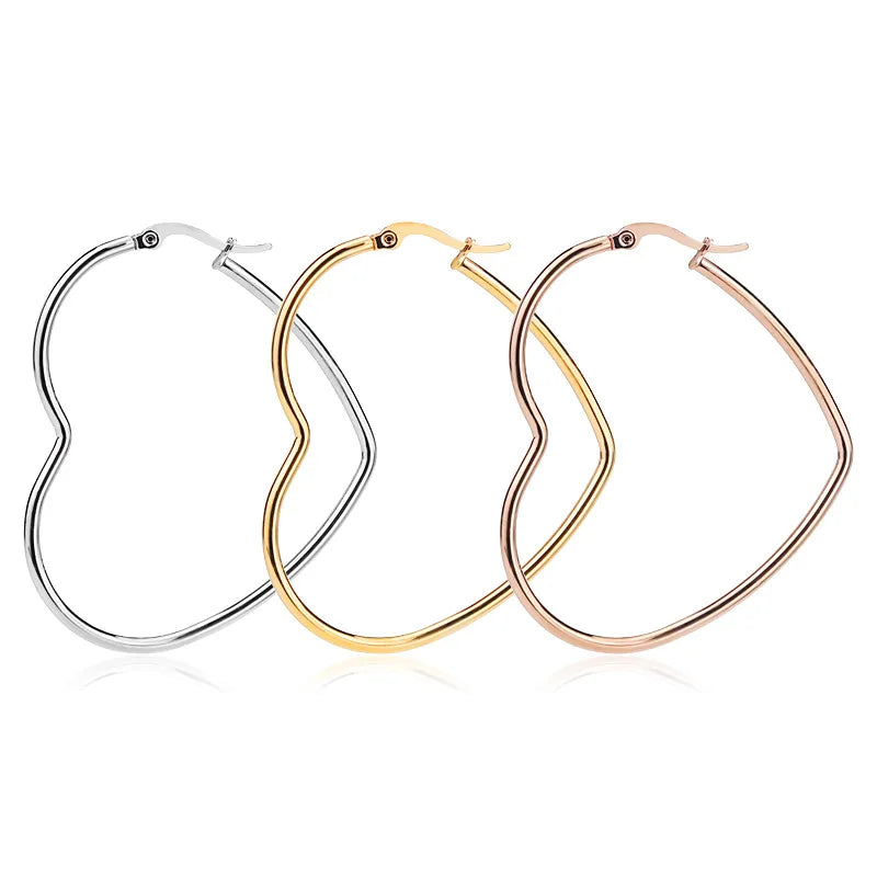 30-60mm Exaggerate Big Hoop Earring Heart Earrings For Women Stainless Steel Gold Color Hip Hop Korea Fashion Jewelry