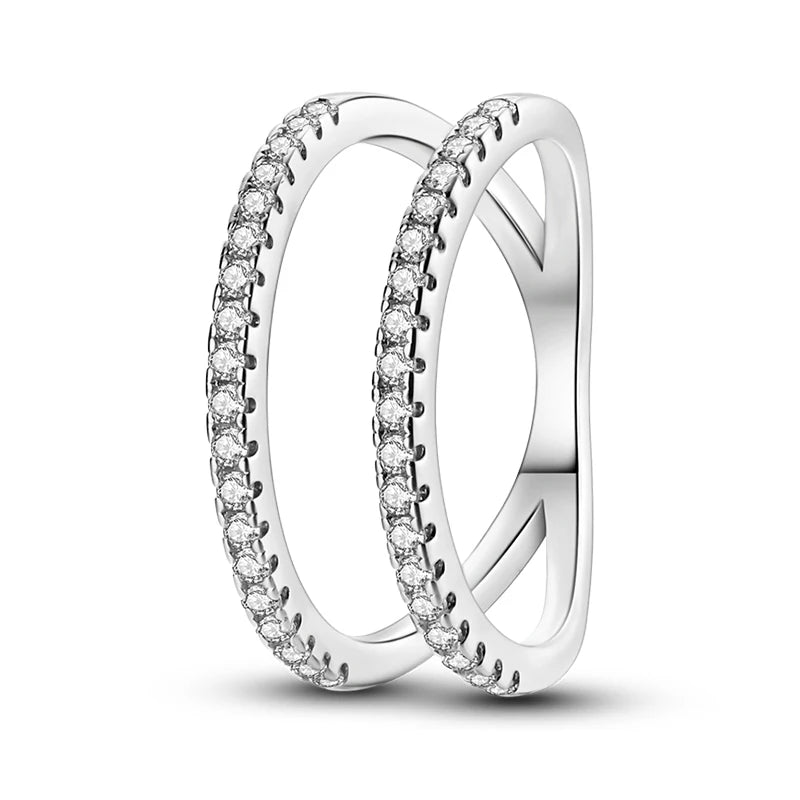 Women's 925 Sterling Silver Geometric Overlapping Zircon Classic Design Rings Anniversary Birthday Engagement Fine Jewelry