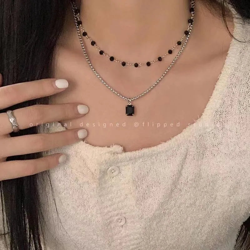 Black Square Pendant Double Layer Necklaces for Women Egirl Trendy Stainless Steel Silver Color Clavicle Chains Necklace Jewelry