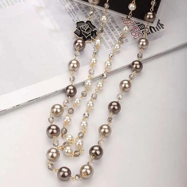 Vintage Lady Camellia Pearls Flower Long Necklace Chain Elegant Double Layers Fashion  Jewelry For Women Party Collares de moda