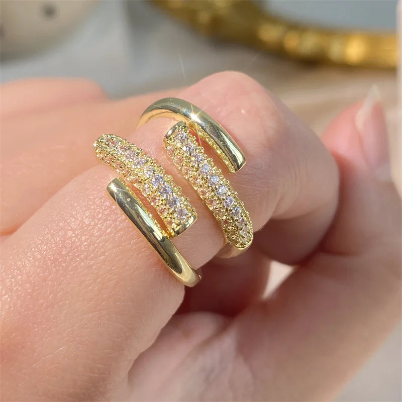 UILZ Gold color Women Adjustable Ring Korean Fashion Punk Zirconia Open Rings Daily Simple Jewelry