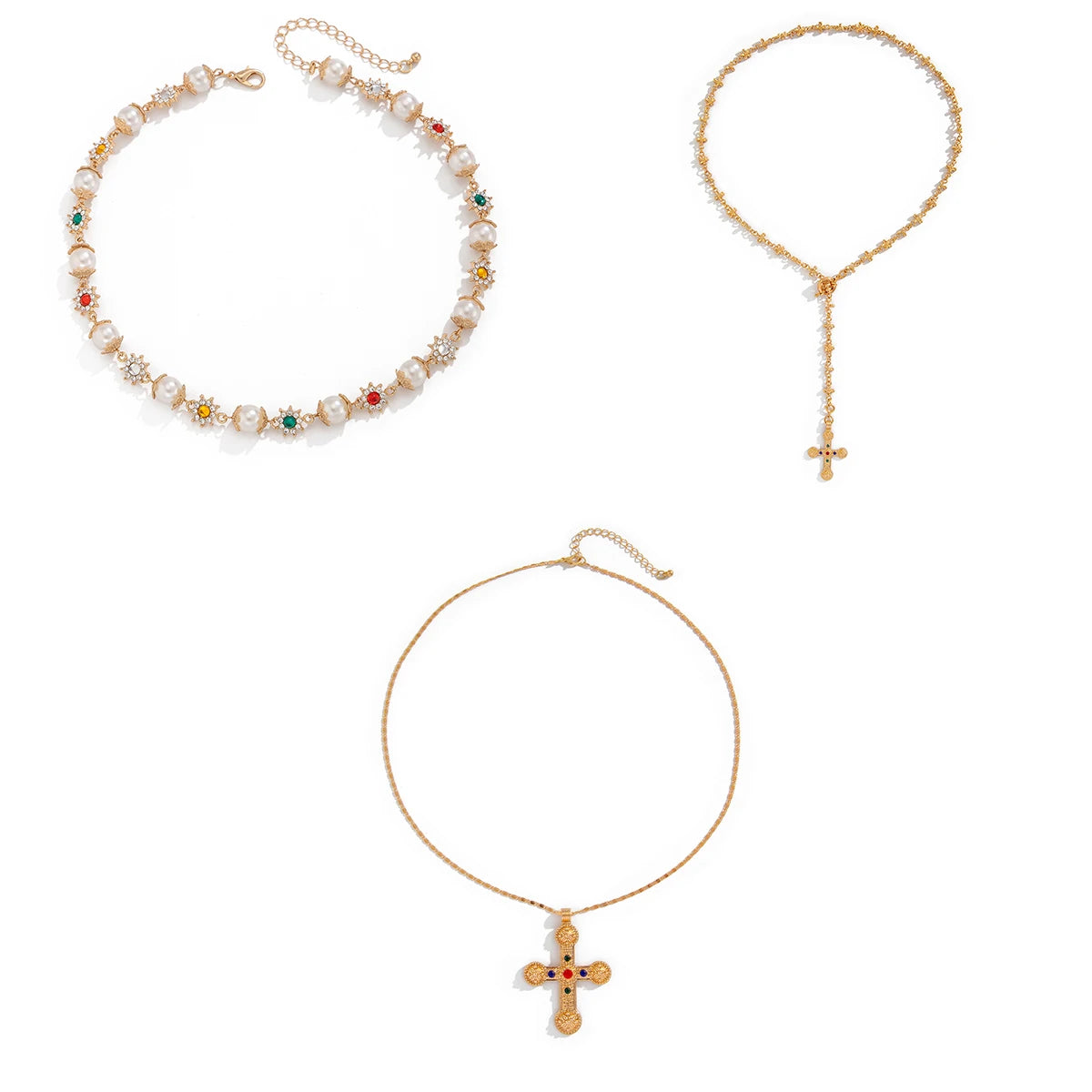 Ingemark Luxury Rhinestone Imitation Pearl Beads Chain Necklace Women Wed Bridal Vintage Jesus Cross Pendant Choker Y2K Jewelry